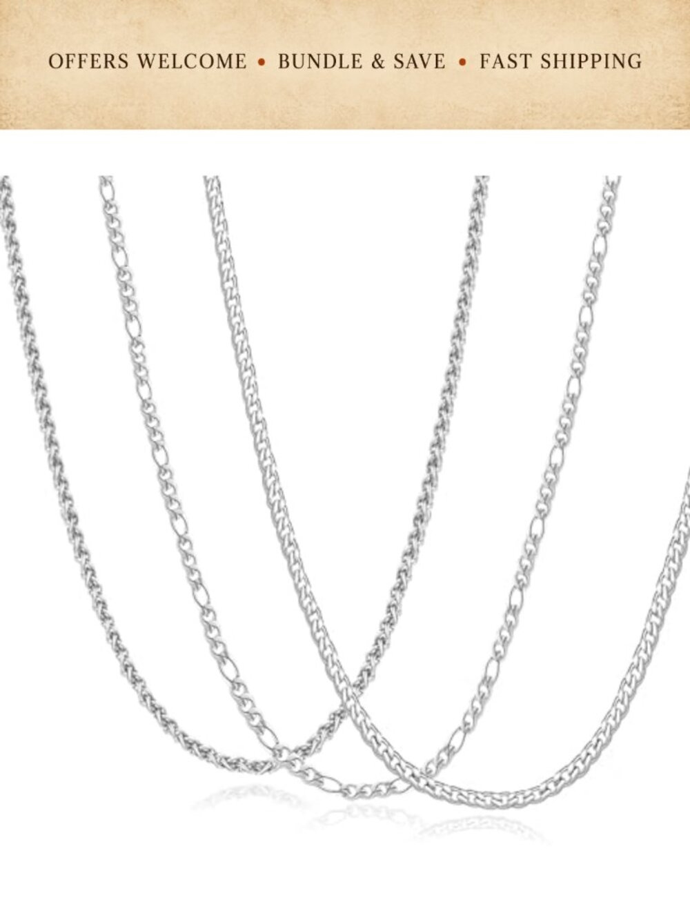 JEMARA 3mm Stainless Steel Cuban Figaro Wheat Link Chain Necklace Set Men